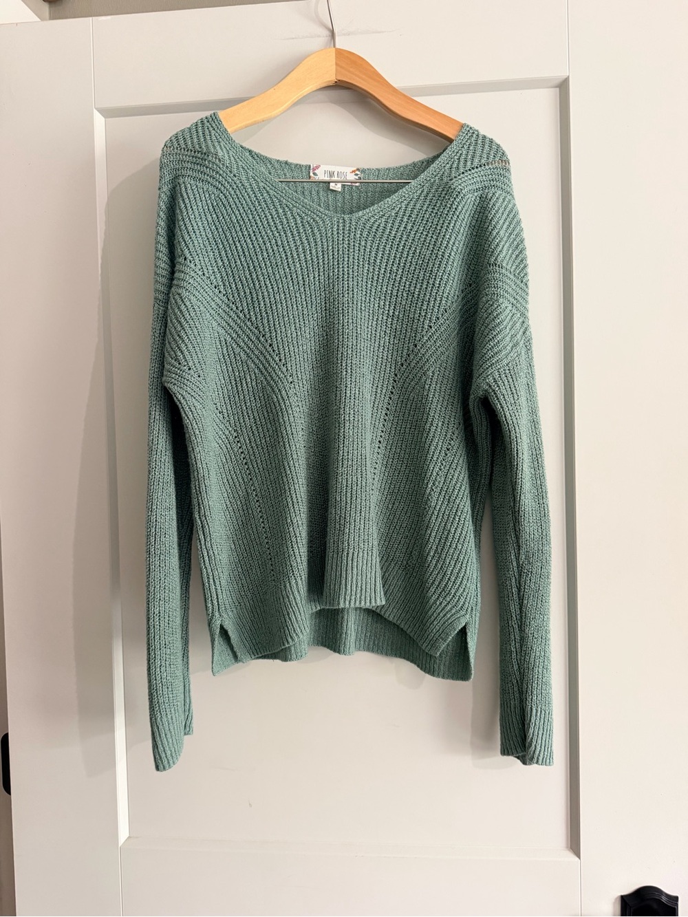 Pink Rose Seafoam Green V-Neck Knit Sweater
